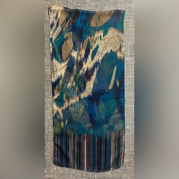 Scarf Green Blue Tan Burgundy Abstract Print with Striped Pattern at Ends - Picture 1 of 4